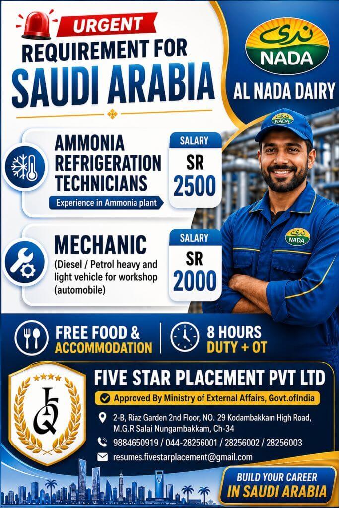 Urgent Requirement for Saudi Arabia – Al Nada Dairy Hiring Ammonia Refrigeration Technicians & Mechanics