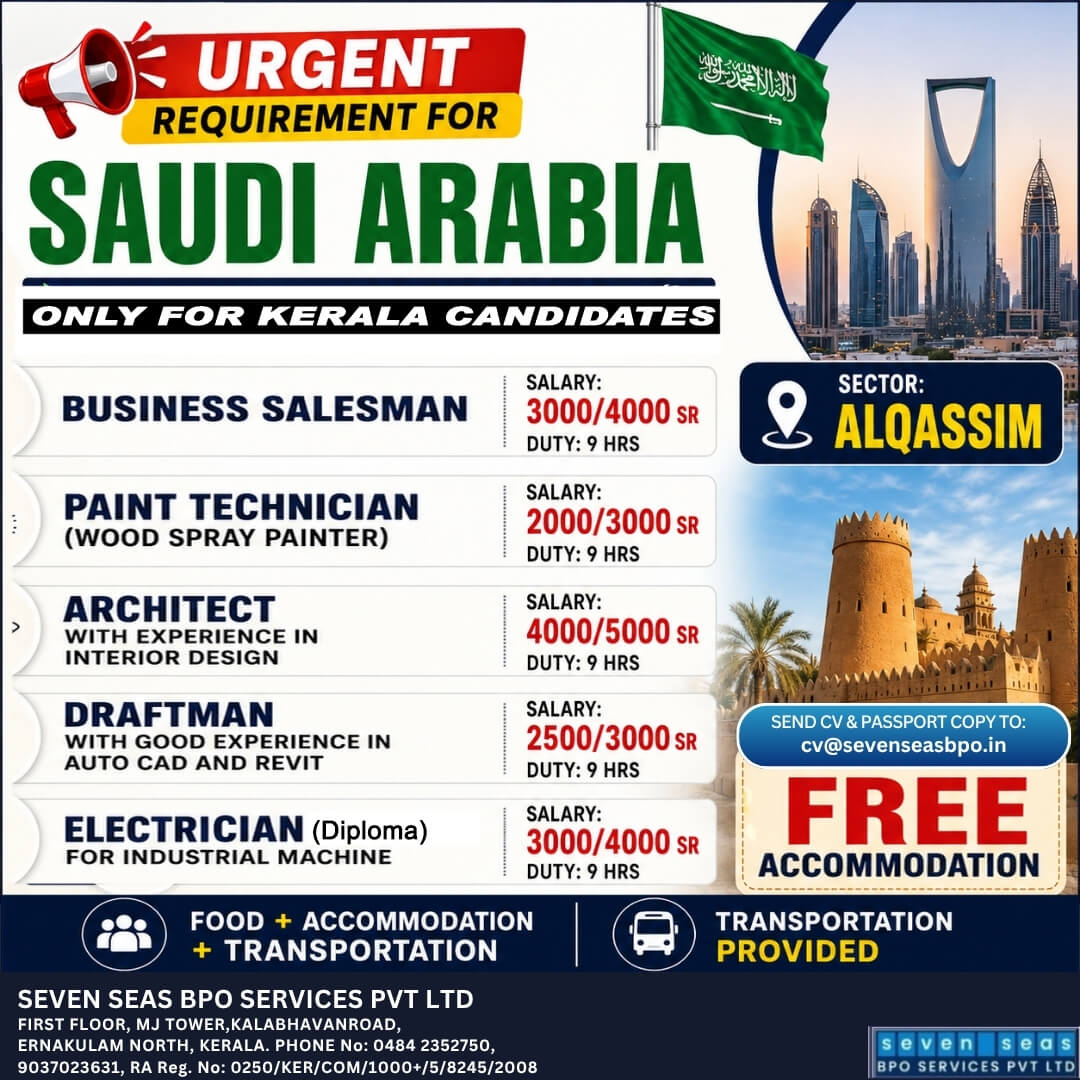 Urgent Recruitment for Saudi Arabia – Al Qassim | Free Accommodation | Kerala Candidates Only