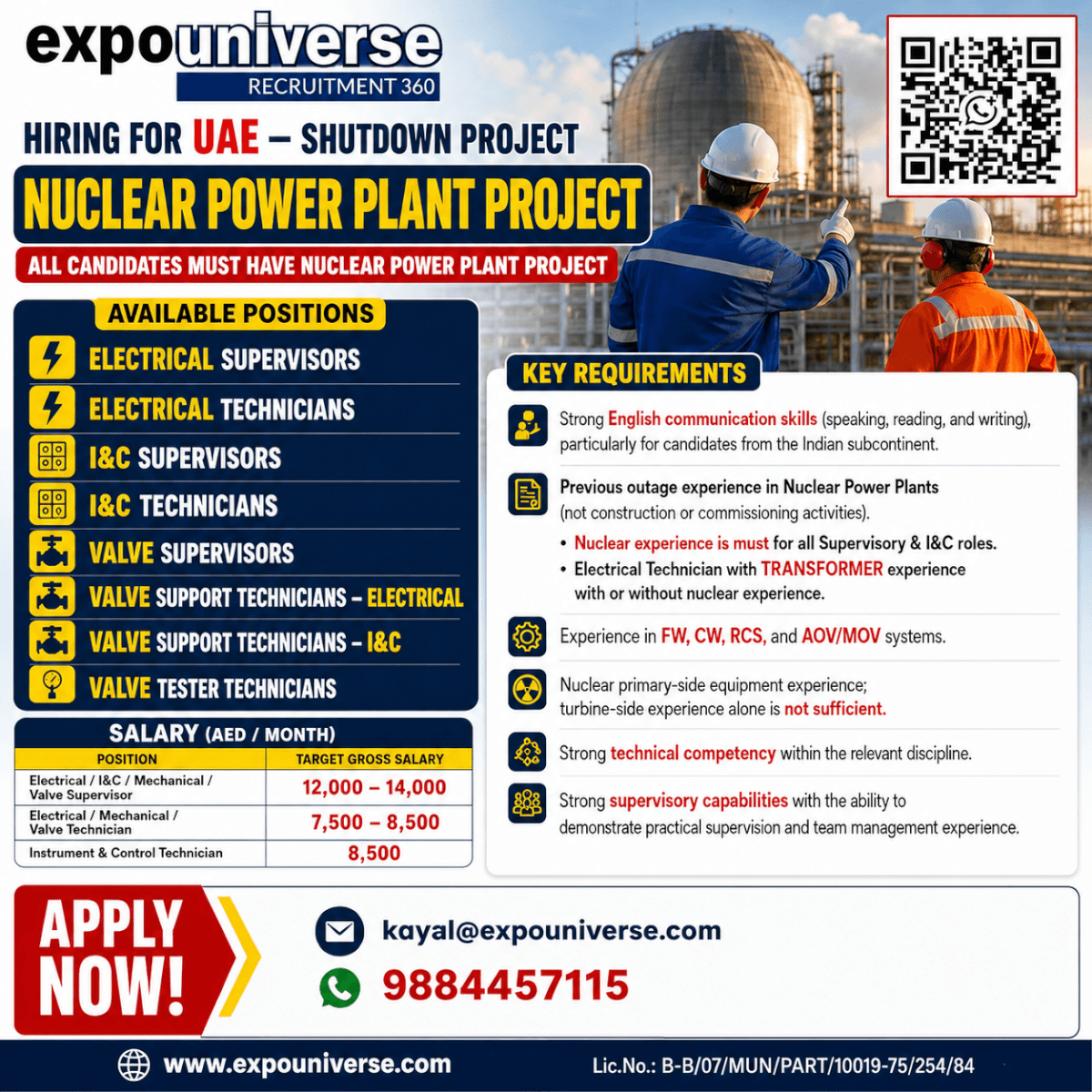 UAE Nuclear Power Plant Shutdown Project Jobs 2026 – Apply for Supervisors & Technicians