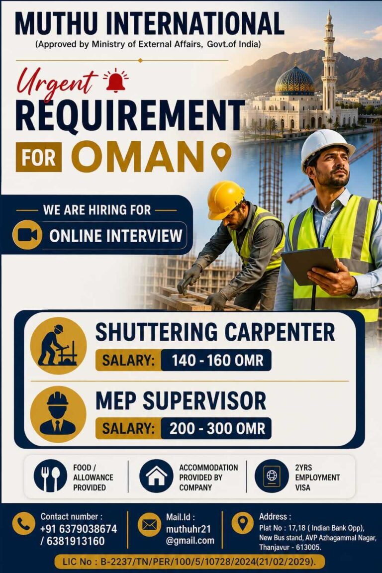 Oman Construction Jobs 2026 – Shuttering Carpenter & MEP Supervisor Vacancies