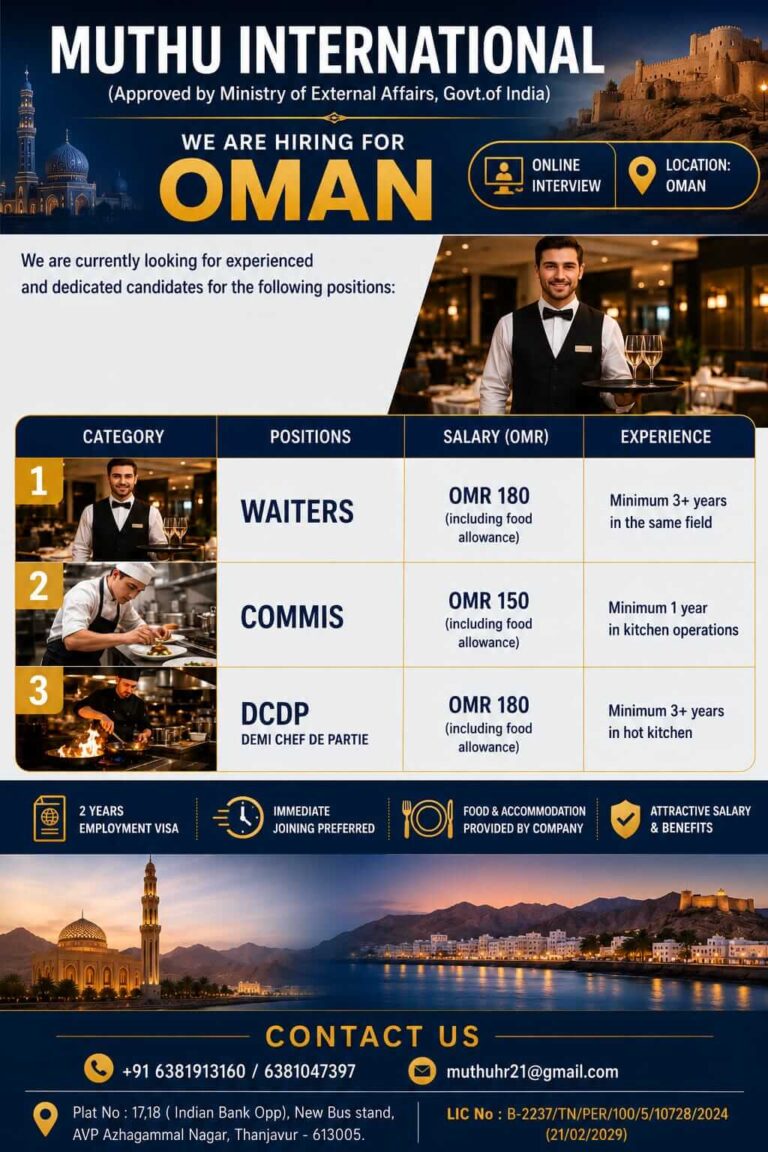 Oman Hospitality Jobs 2026 – Waiters, Commis & DCDP Vacancies | Online Interview