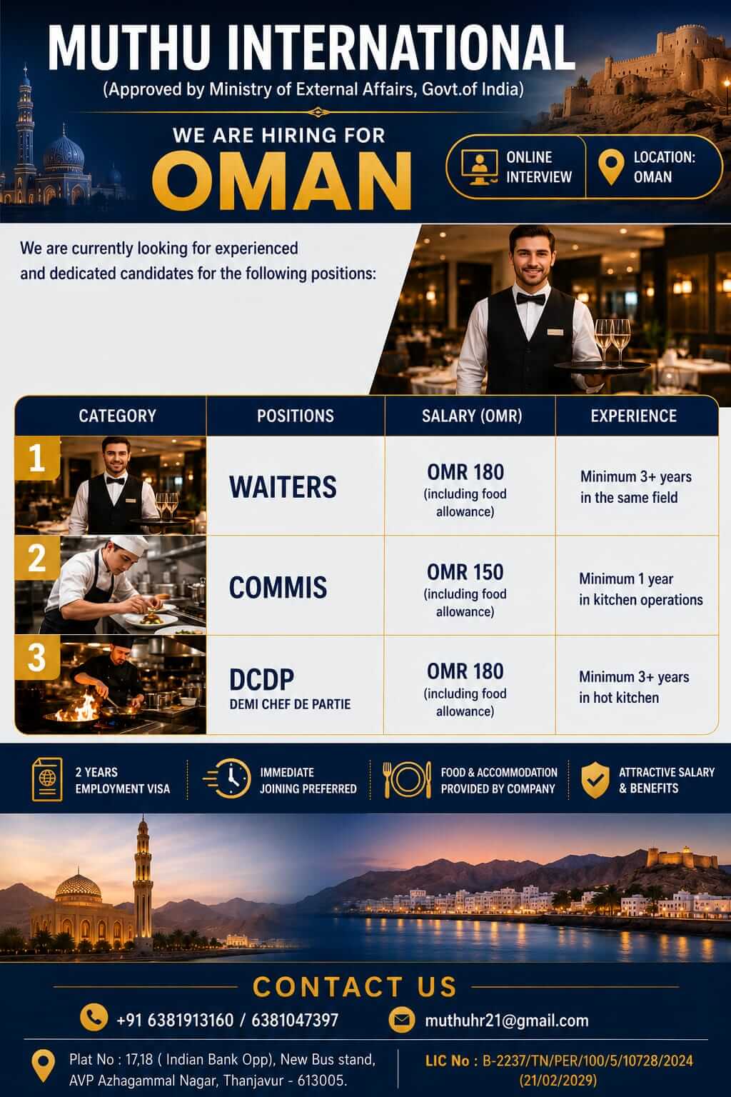 Oman Hospitality Jobs 2026 – Waiters, Commis & DCDP Vacancies | Online Interview