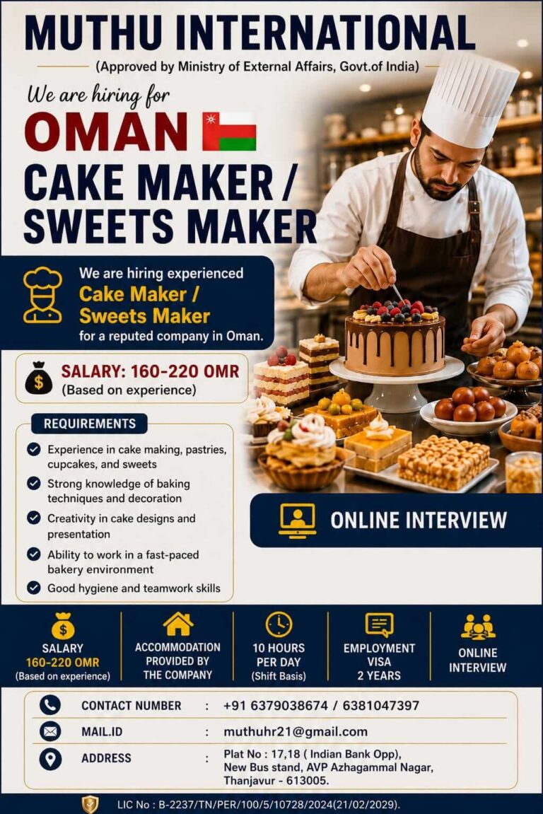 Oman Cake Maker / Sweets Maker Jobs 2026 – Online Interview | Salary 160–220 OMR