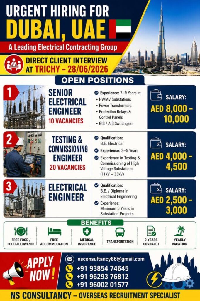 Dubai UAE Electrical Contracting Jobs 2026 – Direct Client Interview at Trichy on 28 June 2026