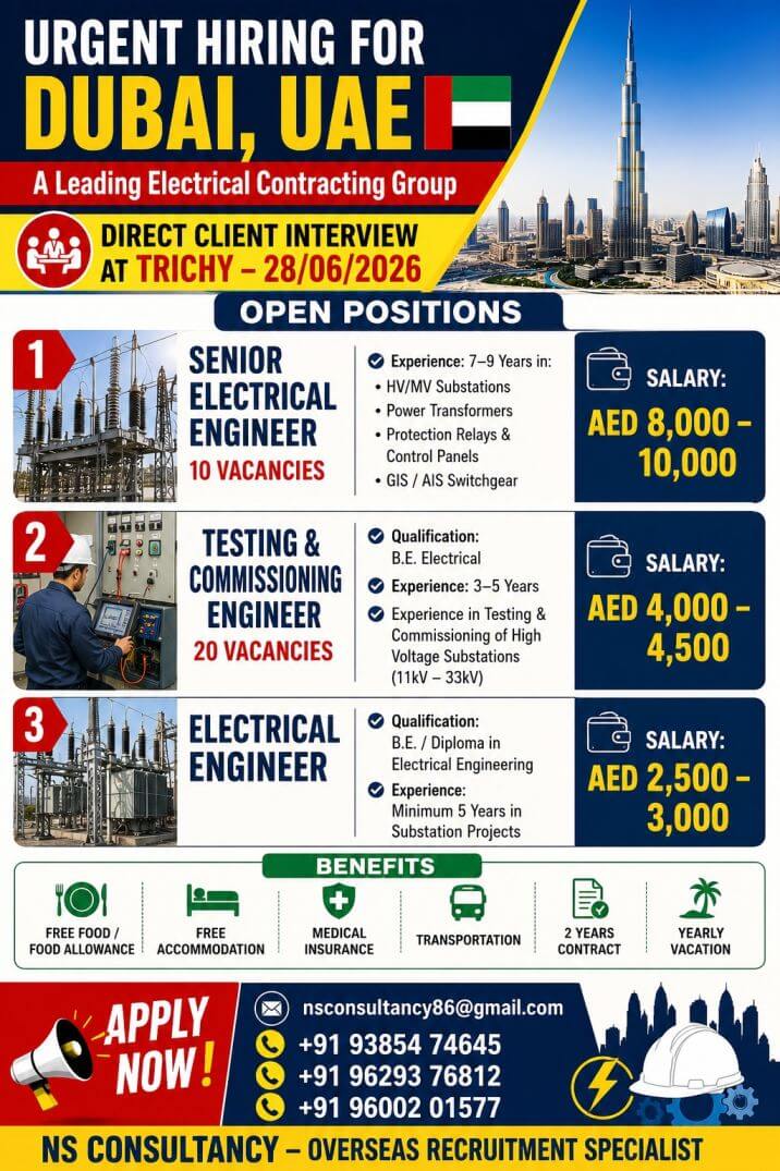 Dubai UAE Electrical Contracting Jobs 2026 – Direct Client Interview at Trichy on 28 June 2026