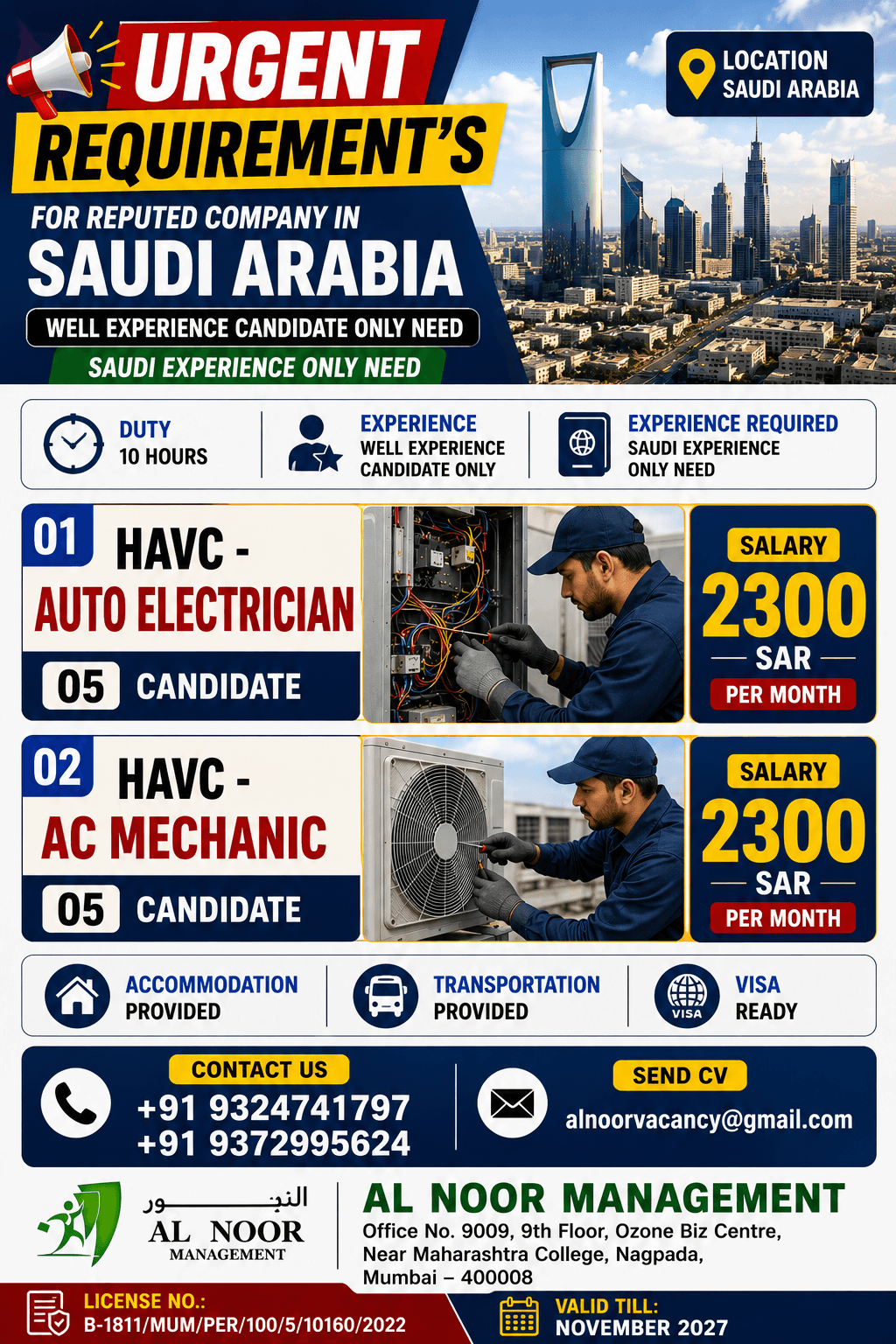 Saudi Arabia HVAC Jobs 2026 – Auto Electrician & AC Mechanic Vacancies