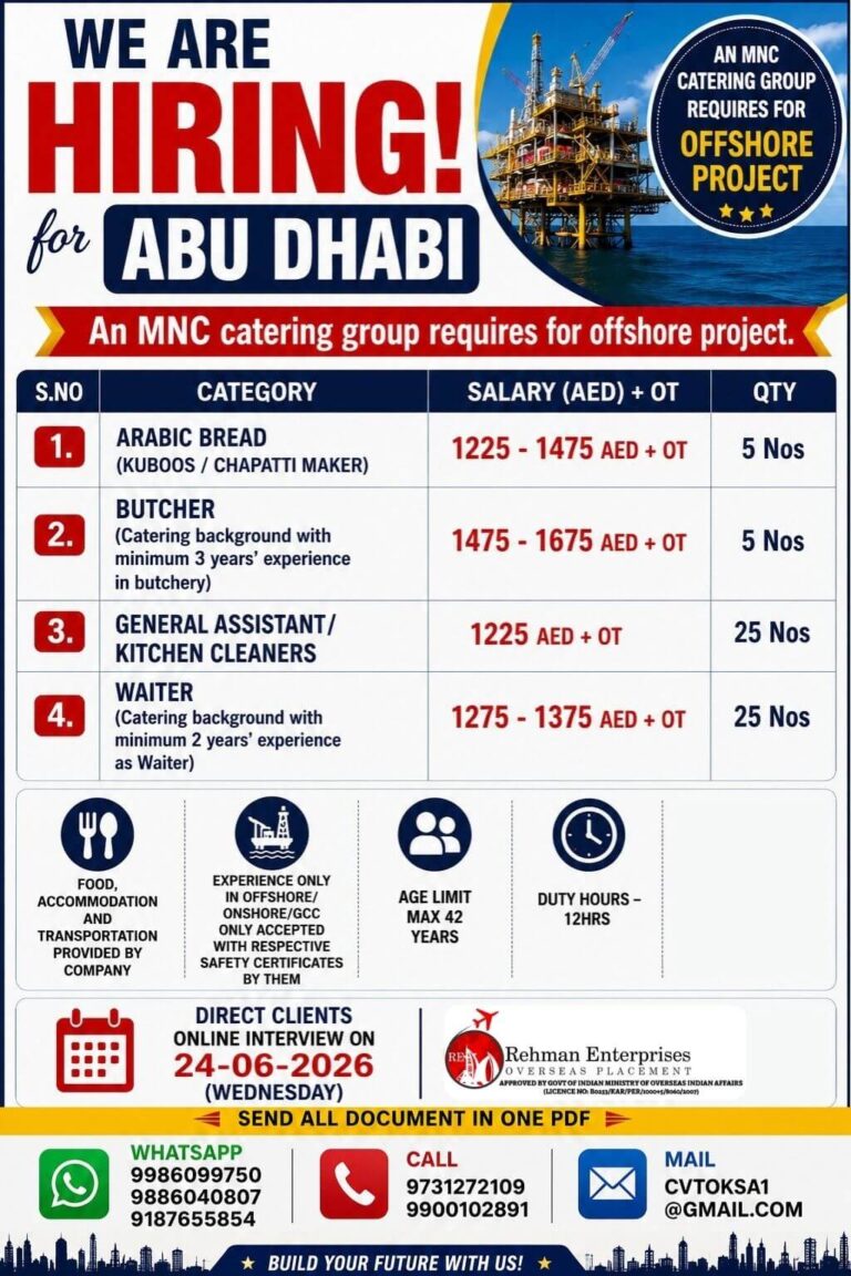 Abu Dhabi Offshore Catering Jobs 2026 – Online Interview on 24 June 2026