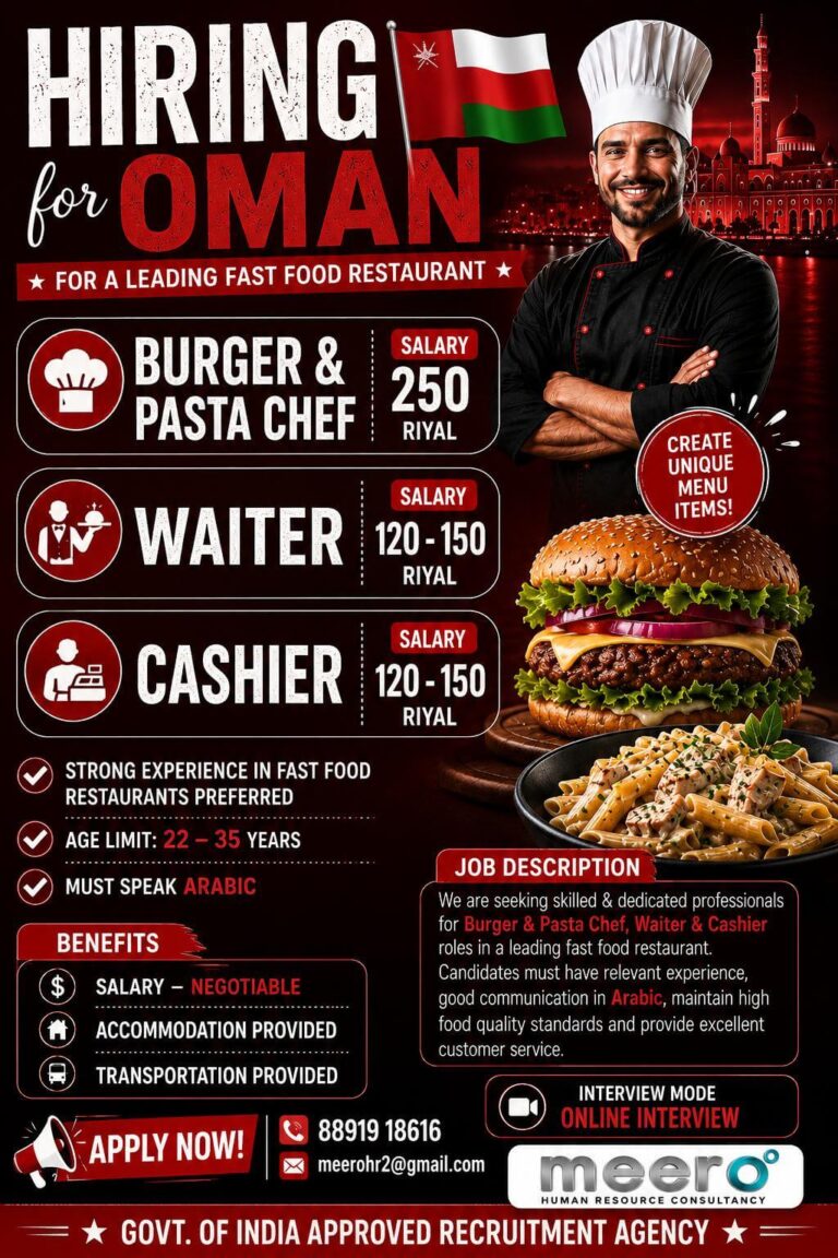 Oman Fast Food Restaurant Recruitment 2026 – Burger & Pasta Chef, Waiter & Cashier Jobs