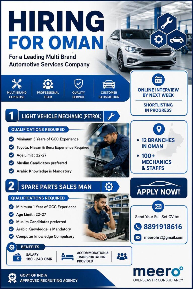 Oman Automotive Jobs 2026 – Light Vehicle Mechanic & Spare Parts Salesman Recruitment