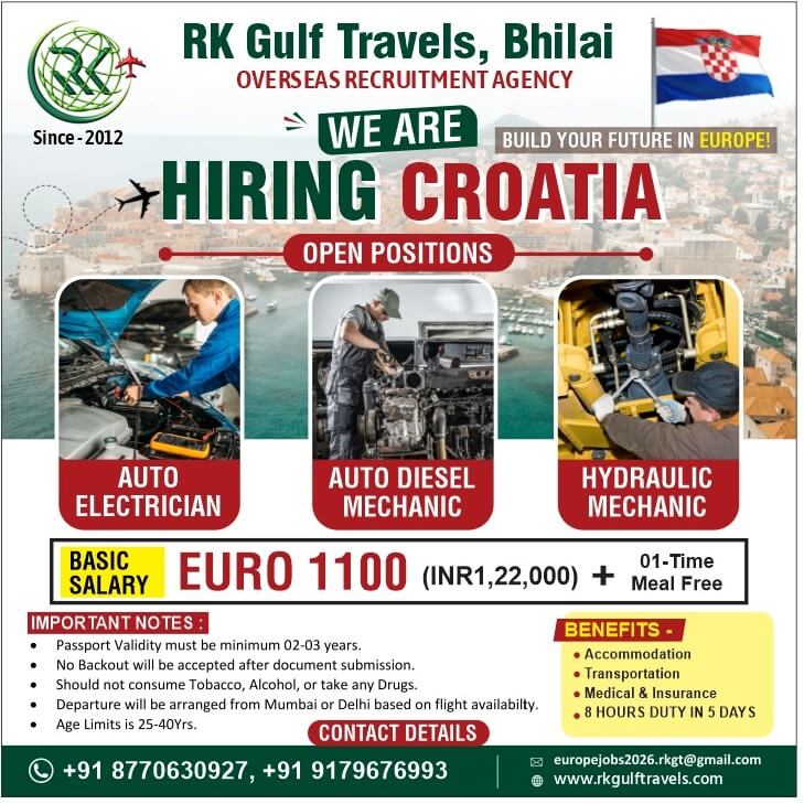 Croatia Auto Mechanic Recruitment 2026 – Auto Electrician, Auto Diesel Mechanic & Hydraulic Mechanic Jobs