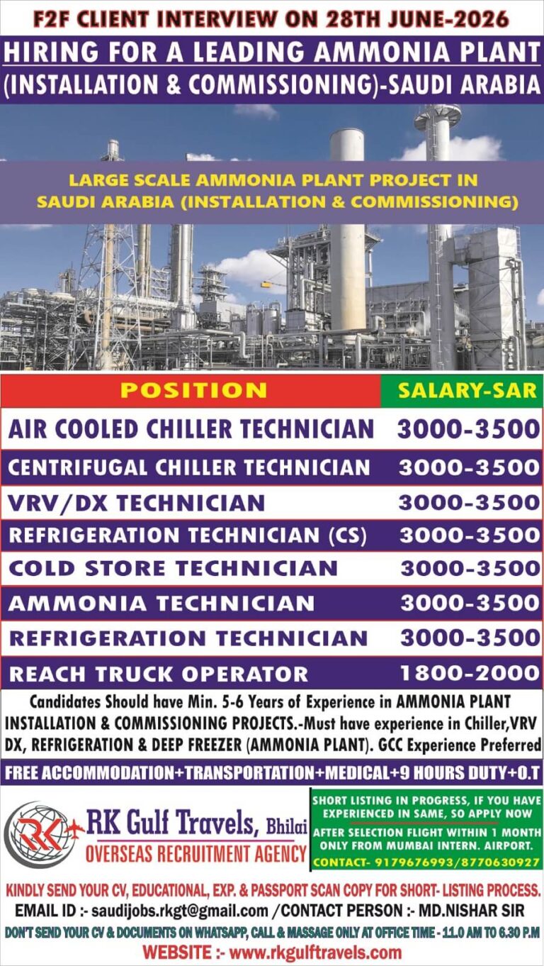 Saudi Arabia Ammonia Plant Jobs 2026 – Direct Client Interview on 28 June 2026