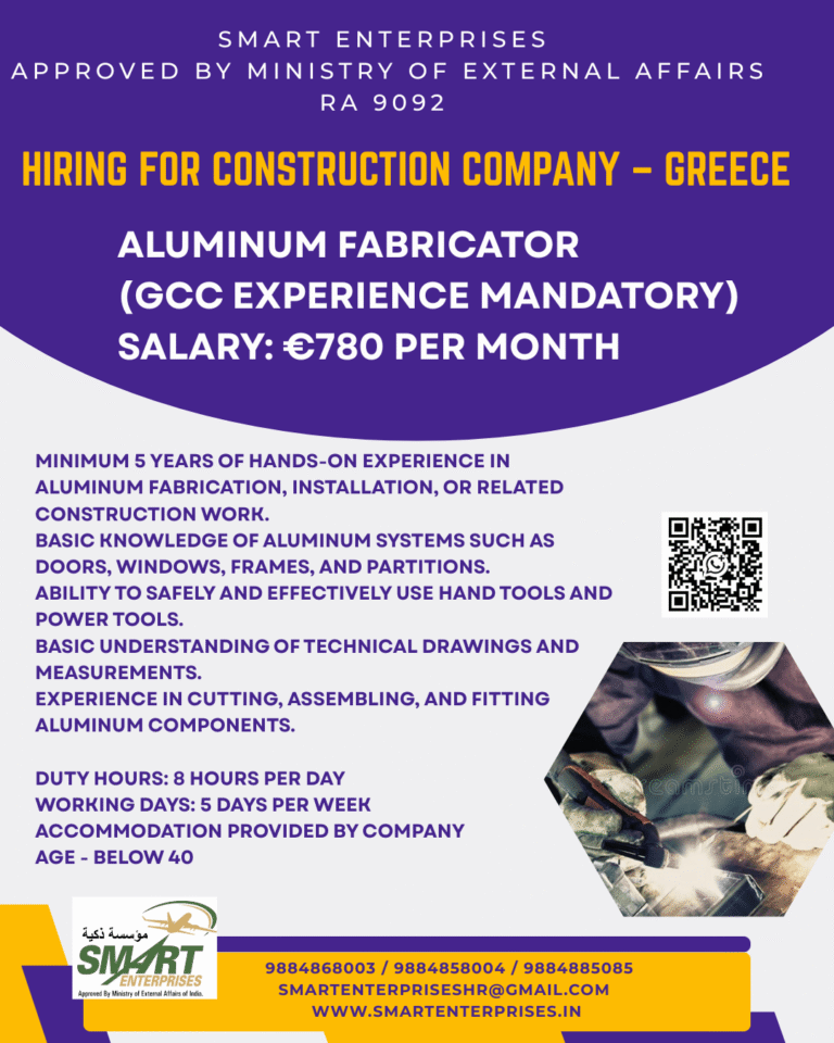 Aluminum Fabricator Jobs in Greece 2026 – GCC Experience Required | Salary €780 Per Month