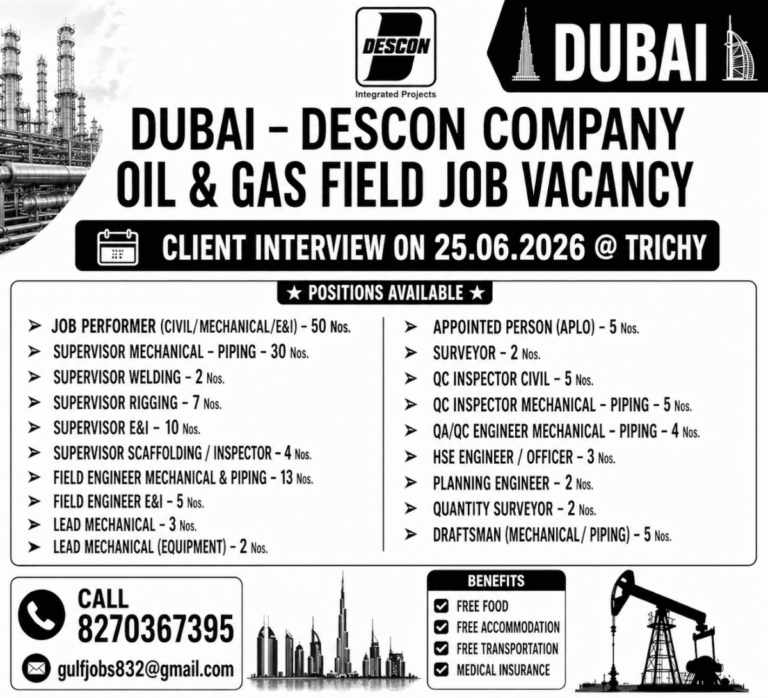 Dubai DESCON Company Oil & Gas Field Job Vacancy 2026 – Client Interview on 25 June 2026 at Trichy