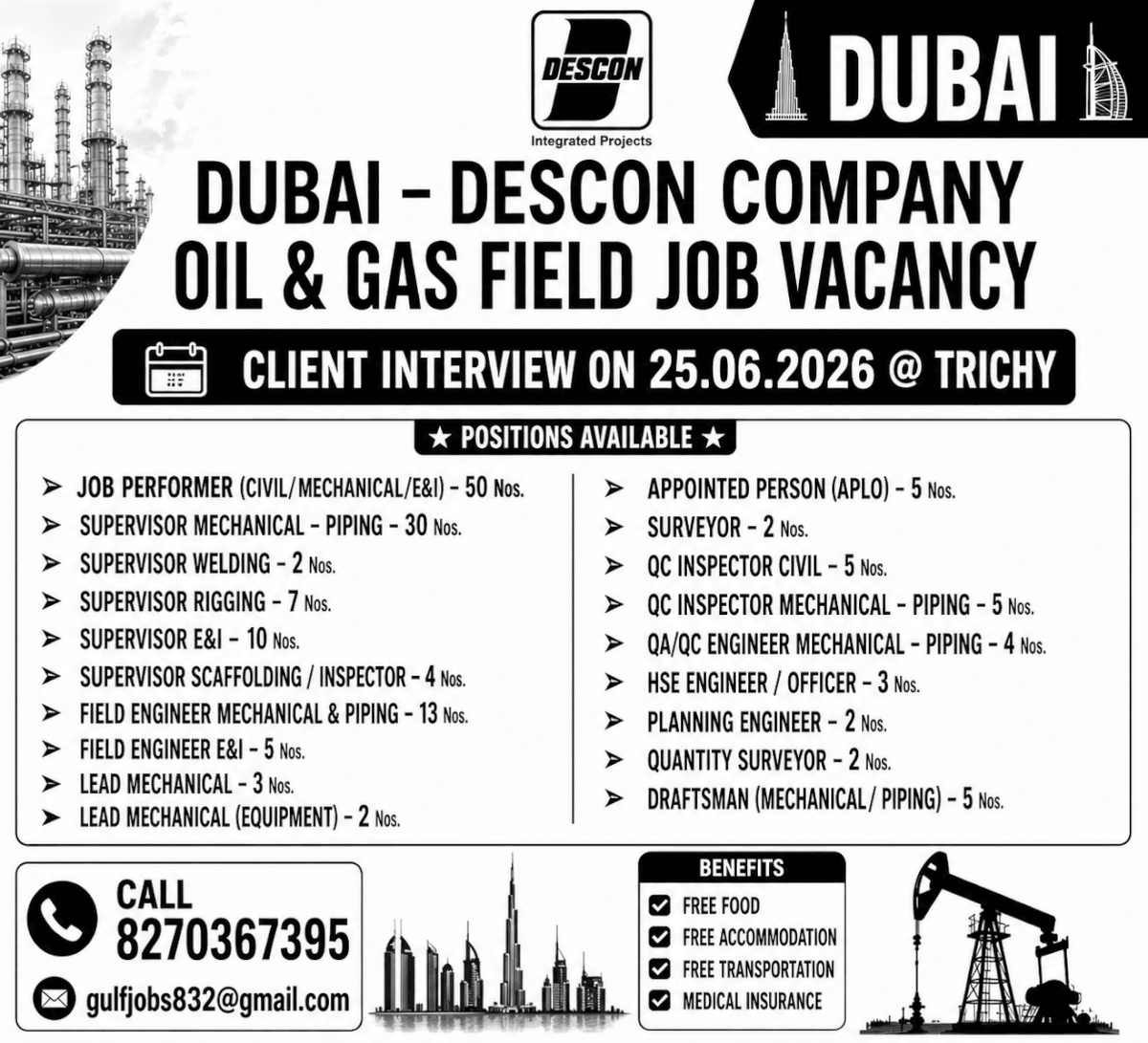 Dubai DESCON Company Oil & Gas Field Job Vacancy 2026 – Client Interview on 25 June 2026 at Trichy