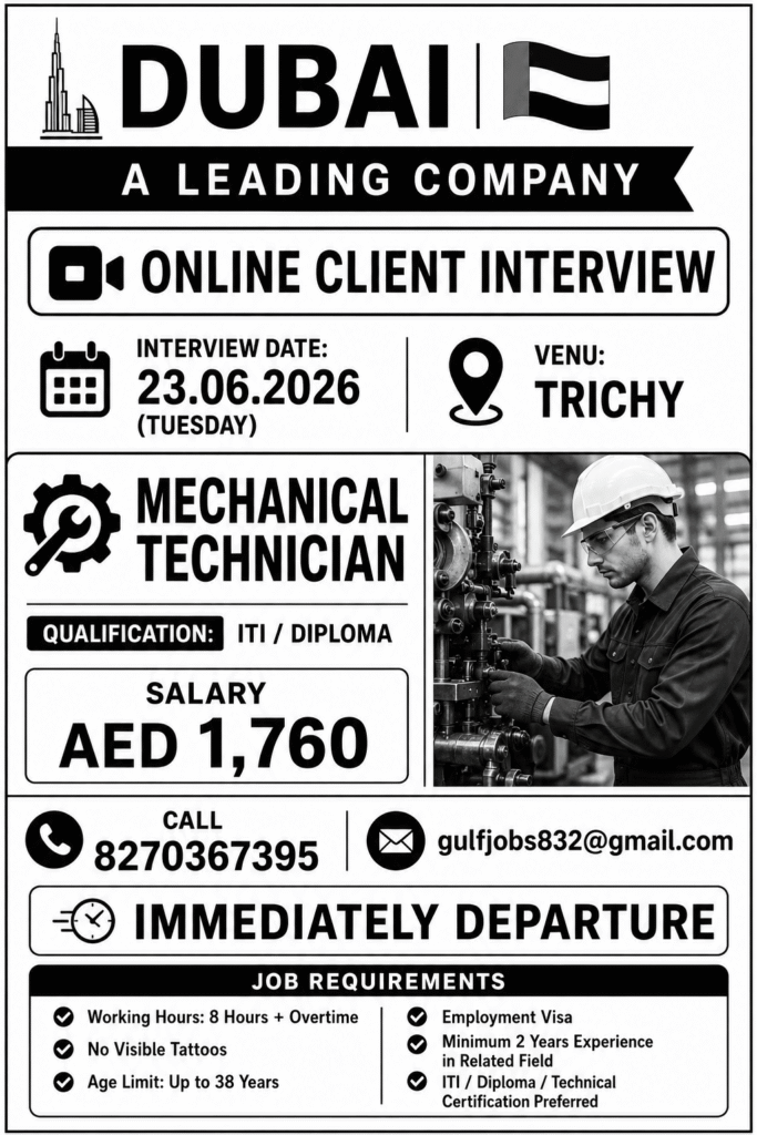 Mechanical Technician Jobs in Dubai 2026 – Online Client Interview on 23 June