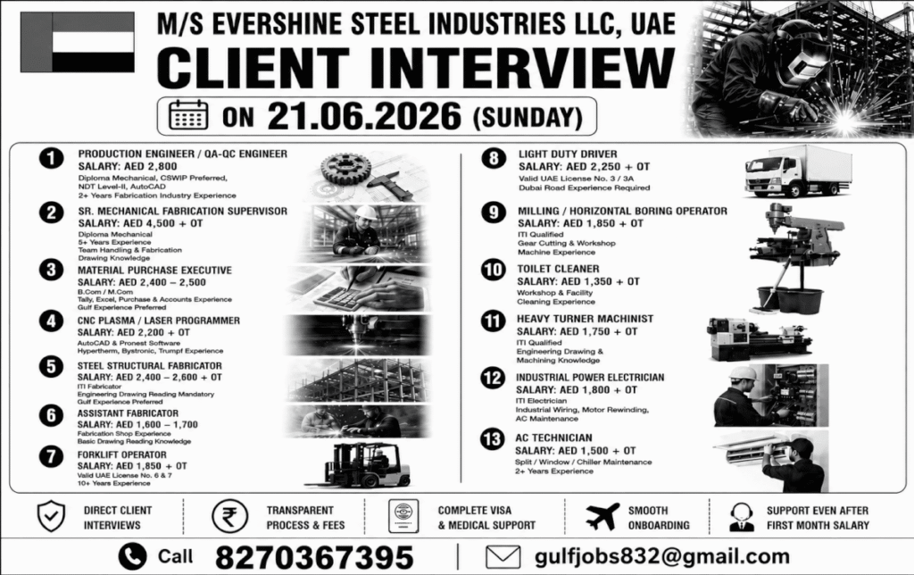 Evershine Steel Industries LLC UAE Recruitment 2026 – Client Interview on 21 June 2026