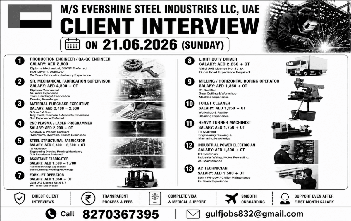 Evershine Steel Industries LLC UAE Recruitment 2026 – Client Interview on 21 June 2026