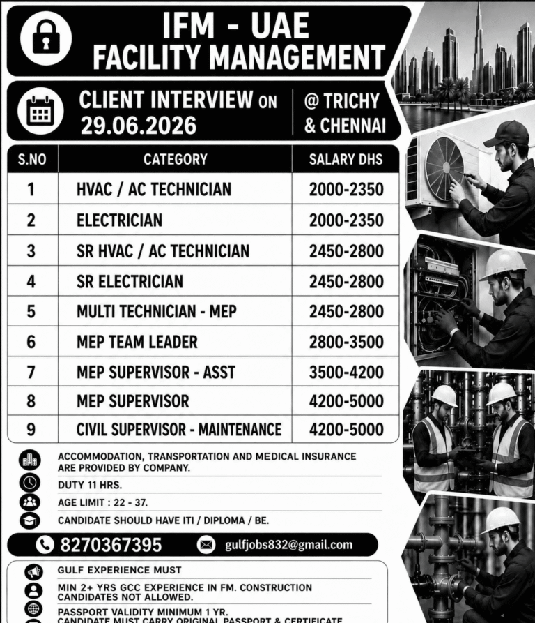IFM UAE Facility Management Jobs 2026 – Client Interview on 29 June 2026 at Trichy & Chennai