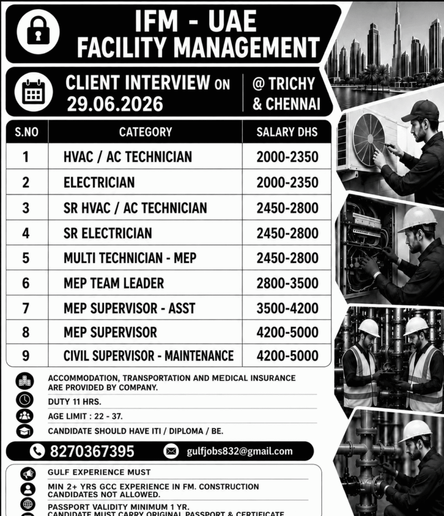 IFM UAE Facility Management Jobs 2026 – Client Interview on 29 June 2026 at Trichy & Chennai