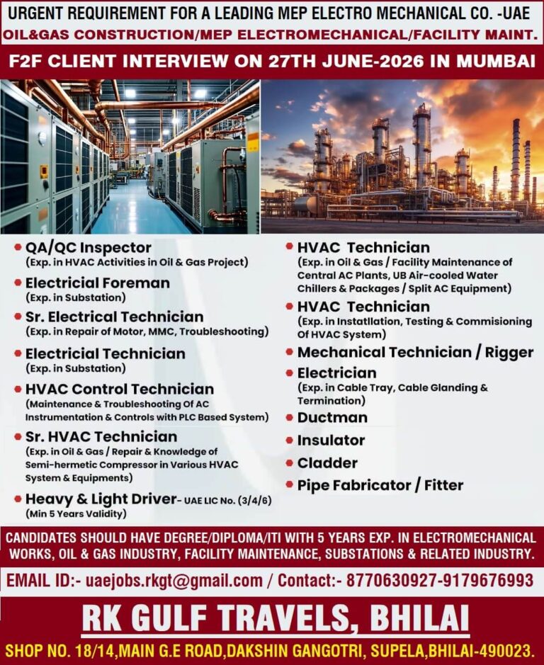 Urgent Recruitment for Leading MEP Electro Mechanical Company in UAE – Face-to-Face Client Interview on 27 June 2026 in Mumbai