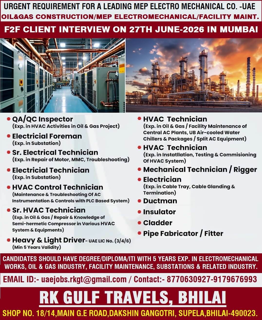 Urgent Recruitment for Leading MEP Electro Mechanical Company in UAE – Face-to-Face Client Interview on 27 June 2026 in Mumbai