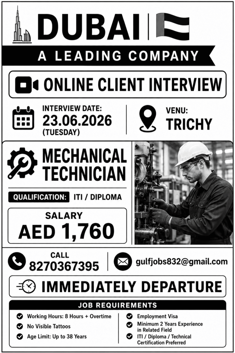 Mechanical Technician Jobs in Dubai 2026 – Online Client Interview on 23 June