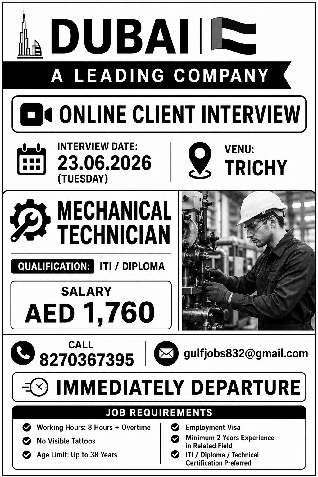 Mechanical Technician Jobs in Dubai 2026 – Online Client Interview on 23 June