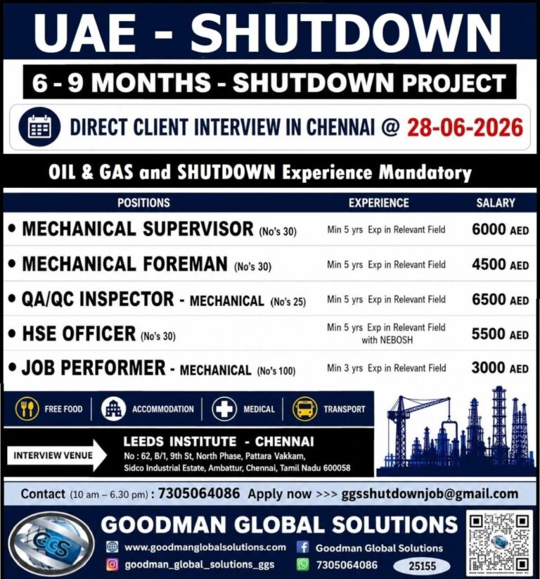 UAE Shutdown Project Jobs 2026 – Direct Client Interview in Chennai on 28 June 2026