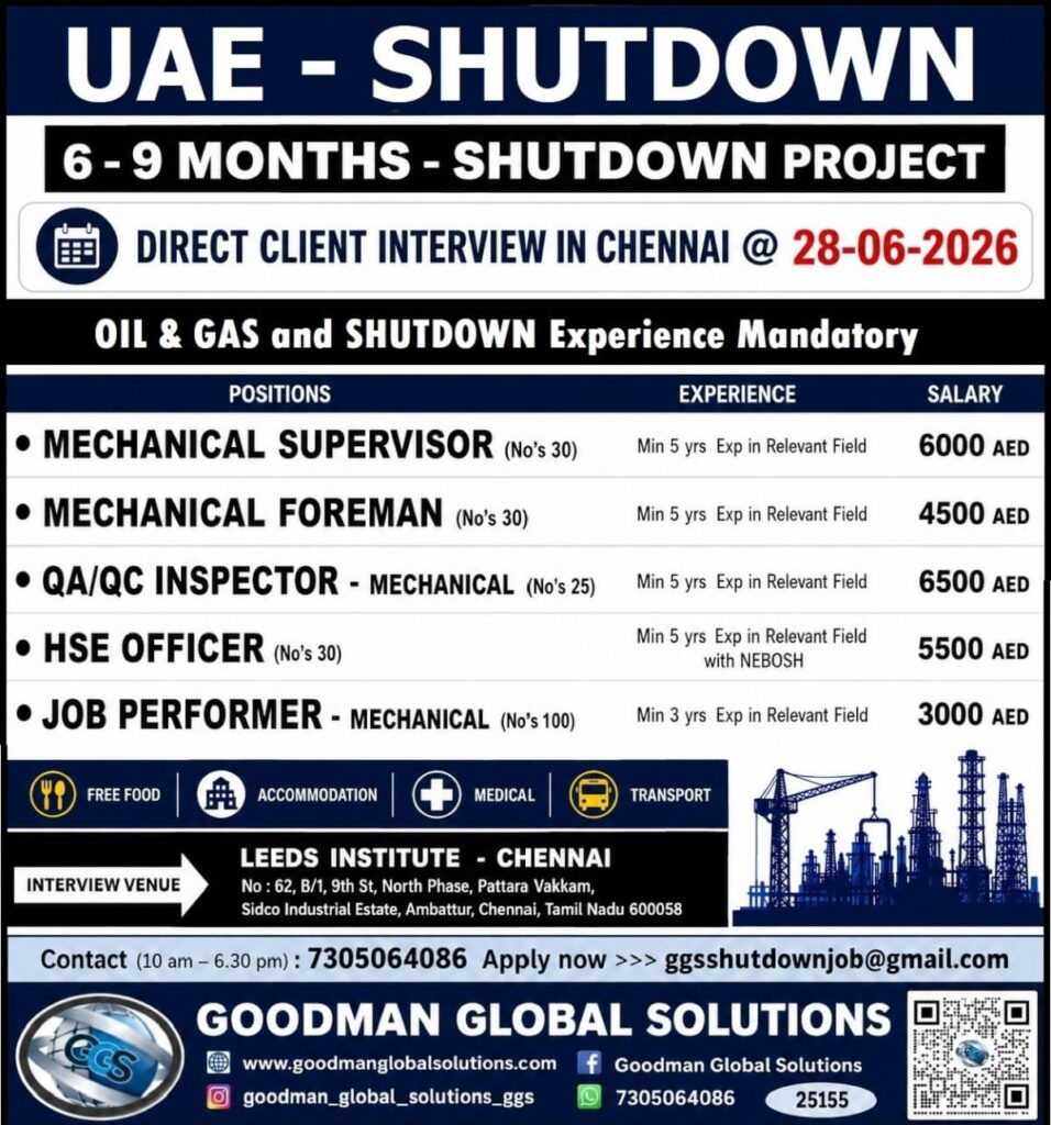 UAE Shutdown Project Jobs 2026 – Direct Client Interview in Chennai on 28 June 2026