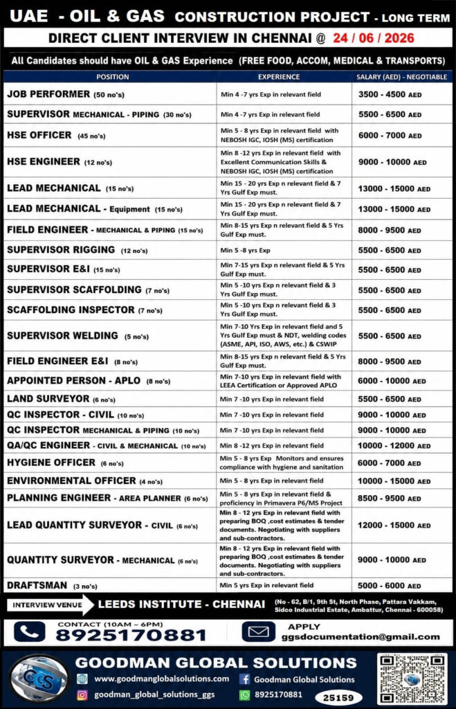 UAE Oil & Gas Construction Project Jobs 2026 – Direct Client Interview in Chennai on 24 June 2026