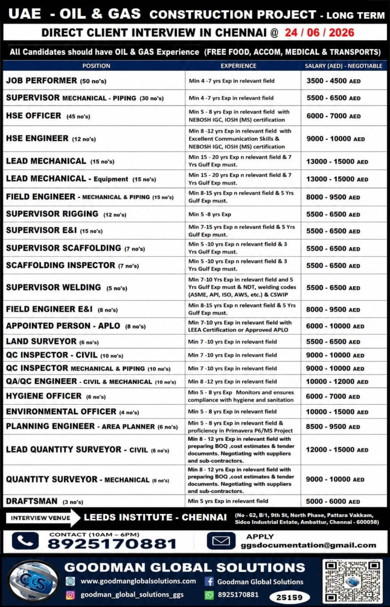 UAE Oil & Gas Construction Project Jobs 2026 – Direct Client Interview in Chennai on 24 June 2026