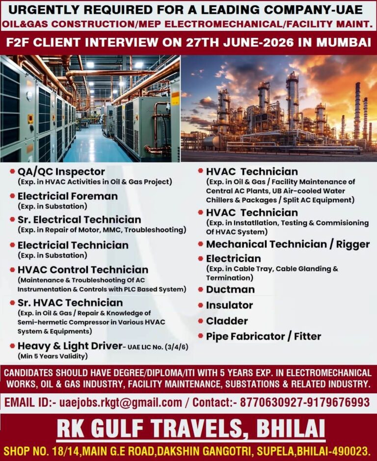 UAE Oil & Gas, MEP & Facility Maintenance Jobs 2026 – Client Interview on 27 June in Mumbai