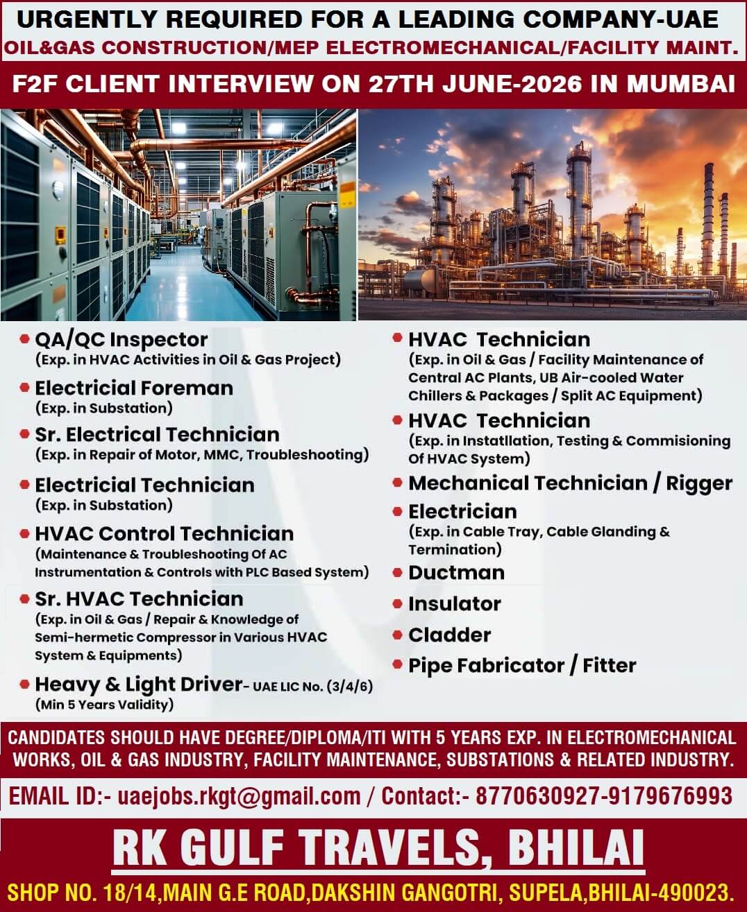 UAE Oil & Gas, MEP & Facility Maintenance Jobs 2026 – Client Interview on 27 June in Mumbai