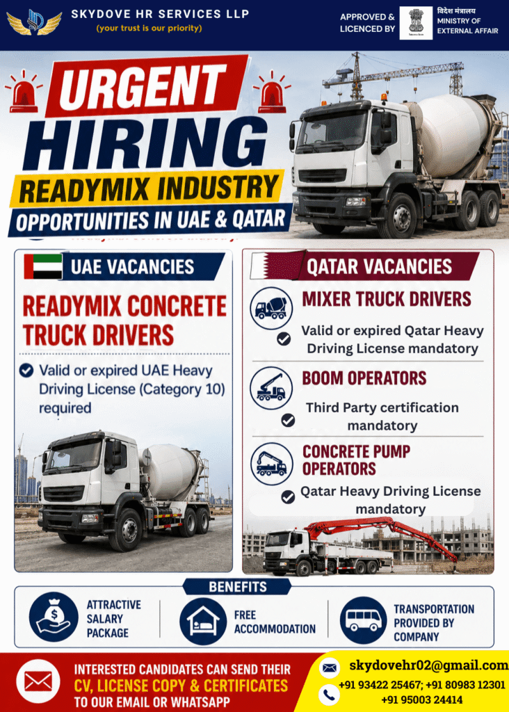 Readymix Industry Jobs in UAE & Qatar 2026 – Urgent Hiring for Driver