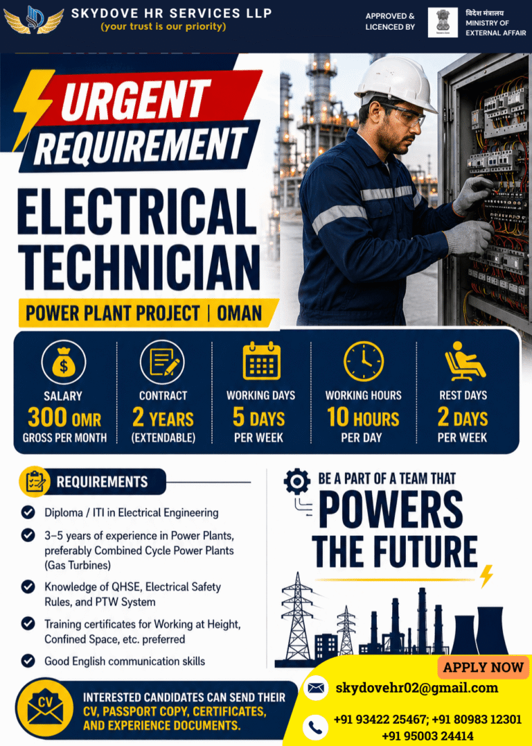 Electrical Technician Jobs in Oman 2026 – Power Plant Project Recruitment