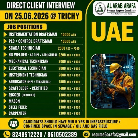 UAE Infrastructure & Oil & Gas Jobs 2026 – Direct Client Interview in Trichy on 25 June 2026