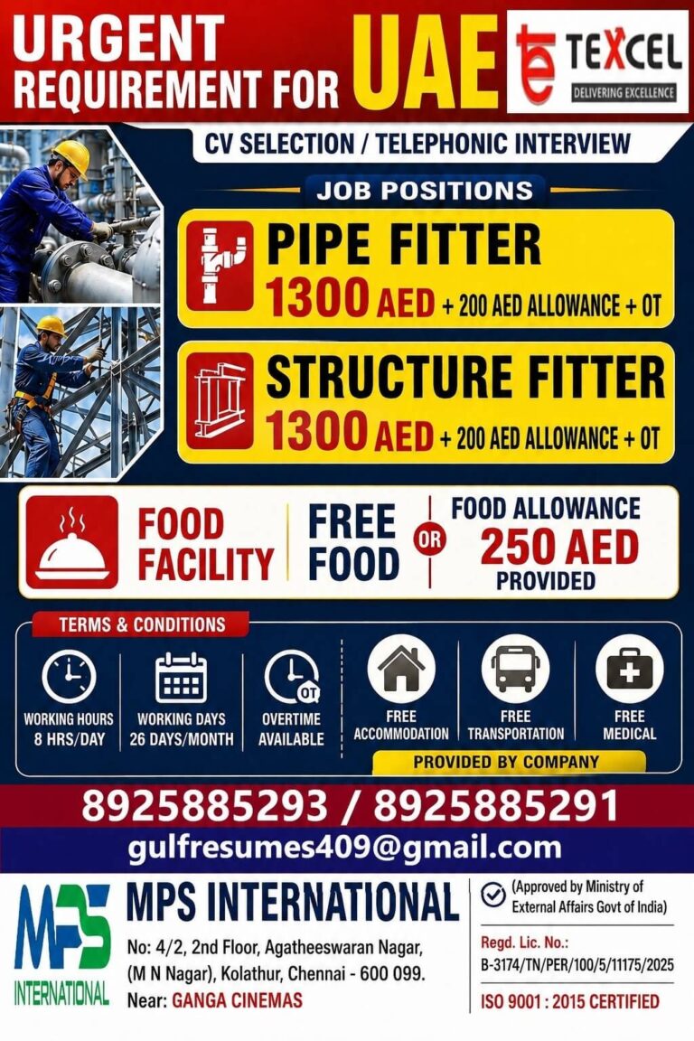 UAE Urgent Requirement 2026 – Pipe Fitter & Structure Fitter Jobs in UAE