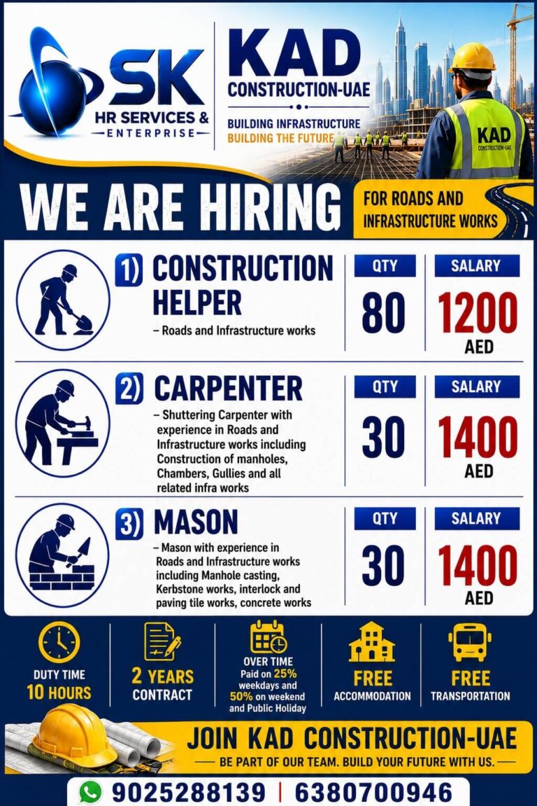 KAD Construction UAE Recruitment 2026 – Construction Helpers, Carpenters & Masons Required for Road Infrastructure Projects