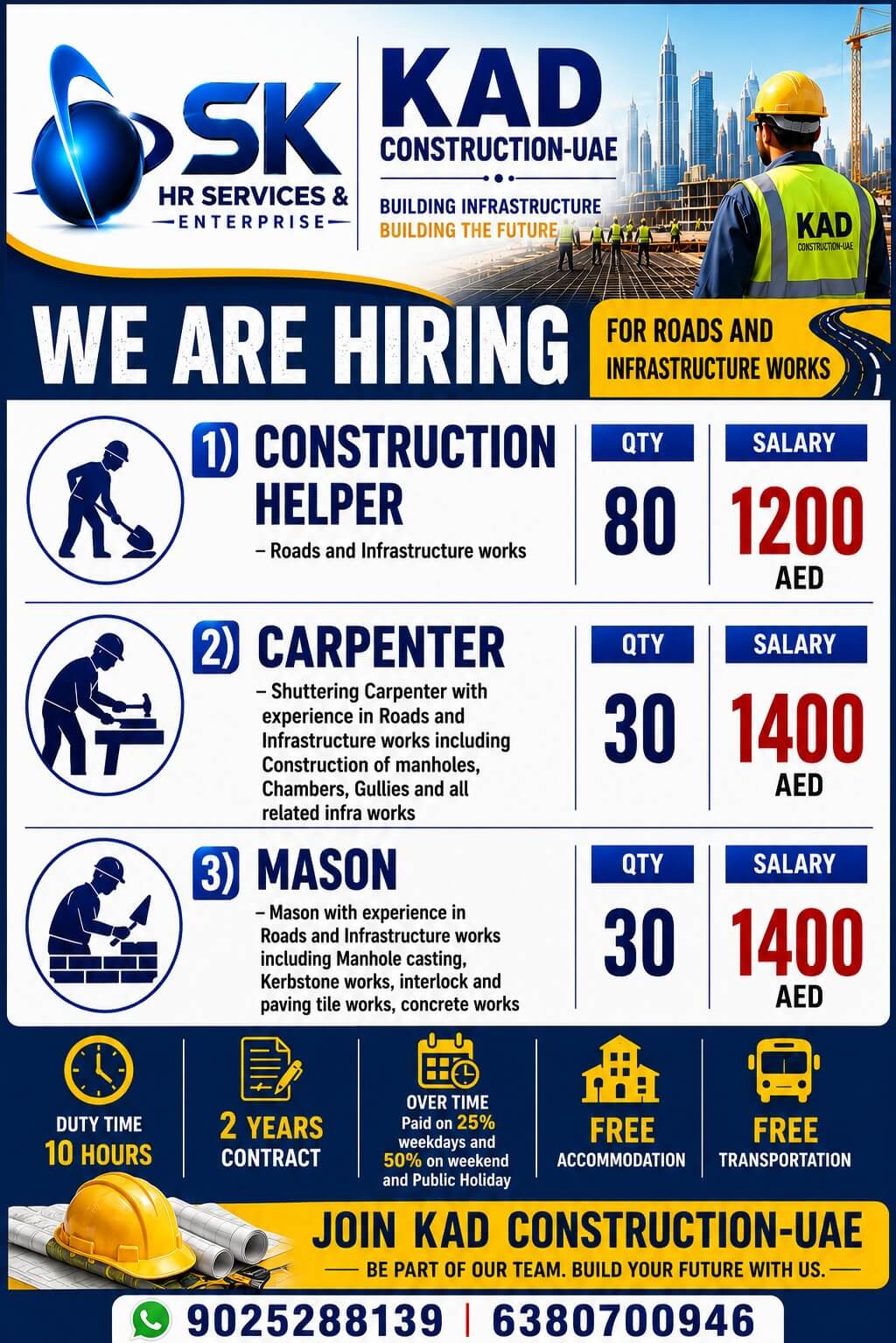 KAD Construction UAE Recruitment 2026 – Construction Helpers, Carpenters & Masons Required for Road Infrastructure Projects