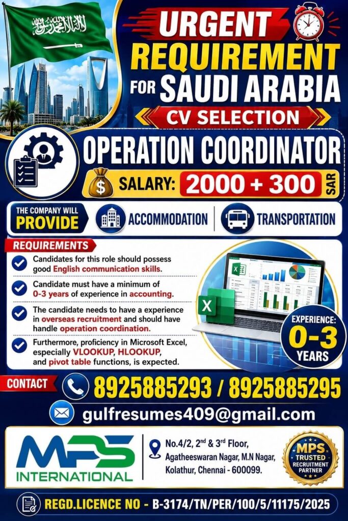 Operation Coordinator Jobs in Saudi Arabia 2026 – Apply Now | Salary 2300 SAR