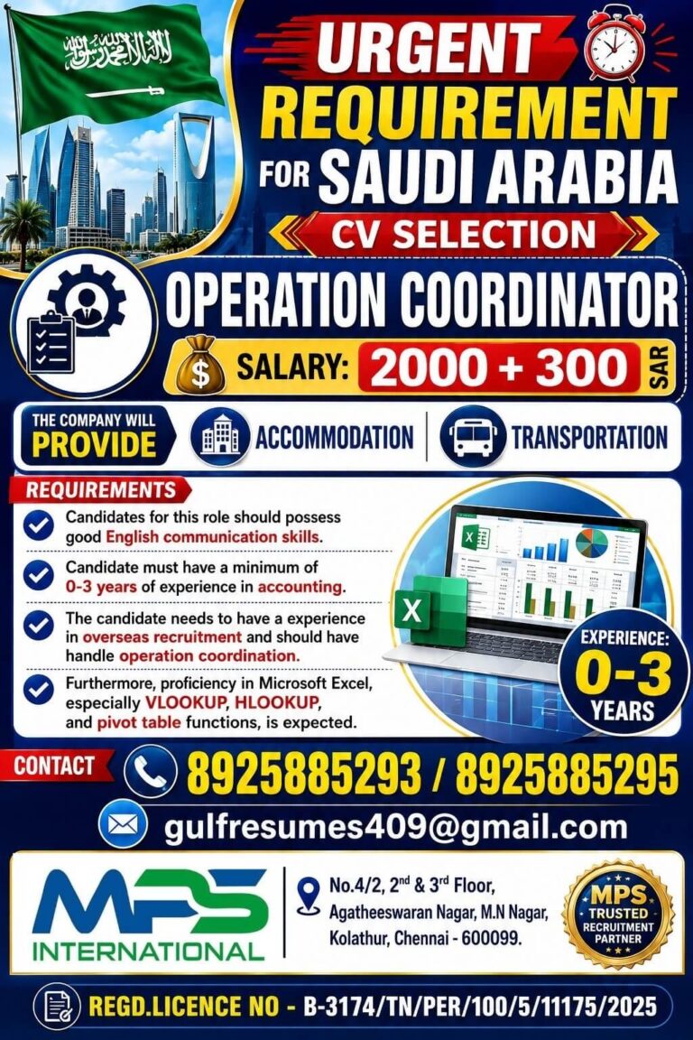 Operation Coordinator Jobs in Saudi Arabia 2026 – Apply Now | Salary 2300 SAR