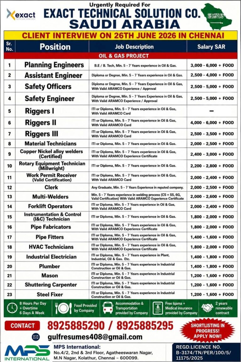 Saudi Arabia Oil & Gas Project Jobs 2026 – Client Interview on 26 June in Chennai