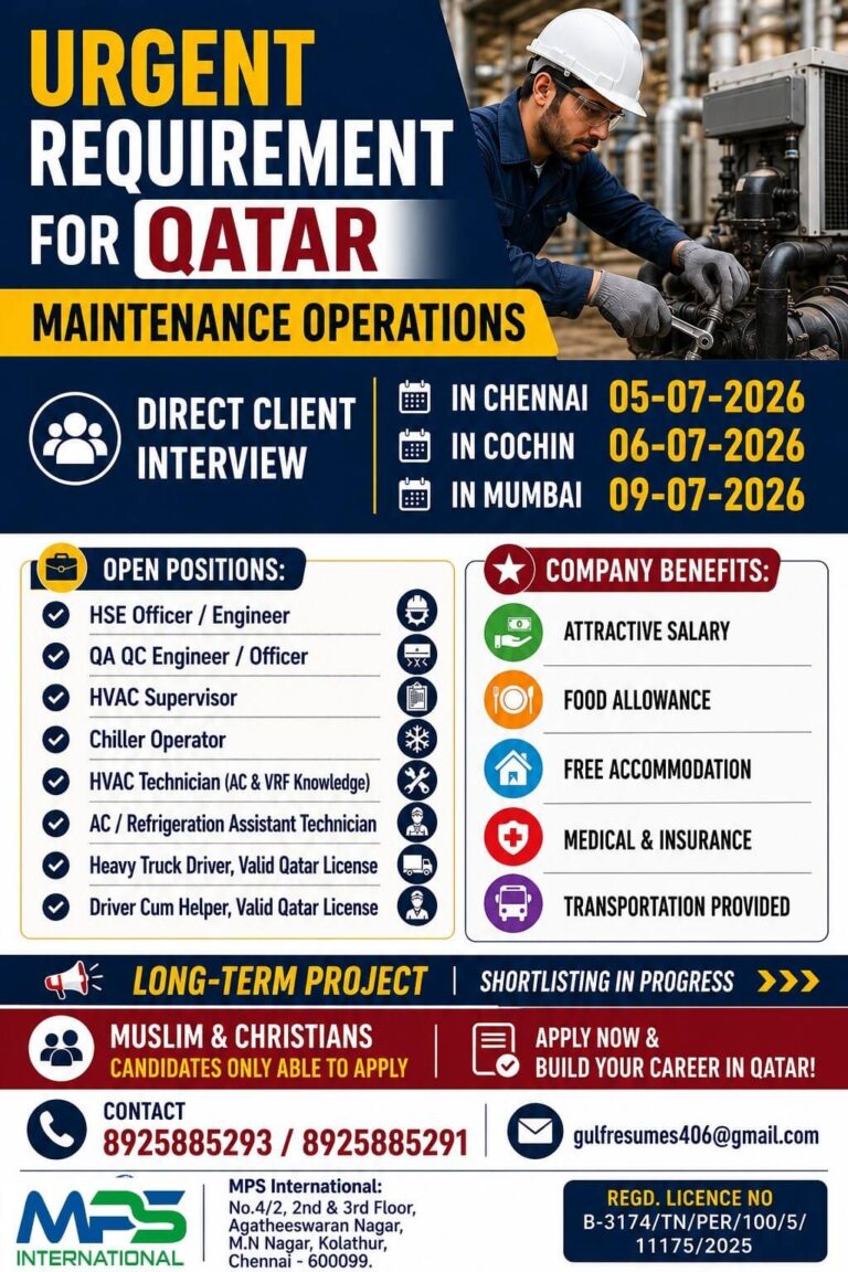 Qatar Maintenance Operations Jobs 2026 – Direct Client Interview in Chennai, Cochin & Mumbai