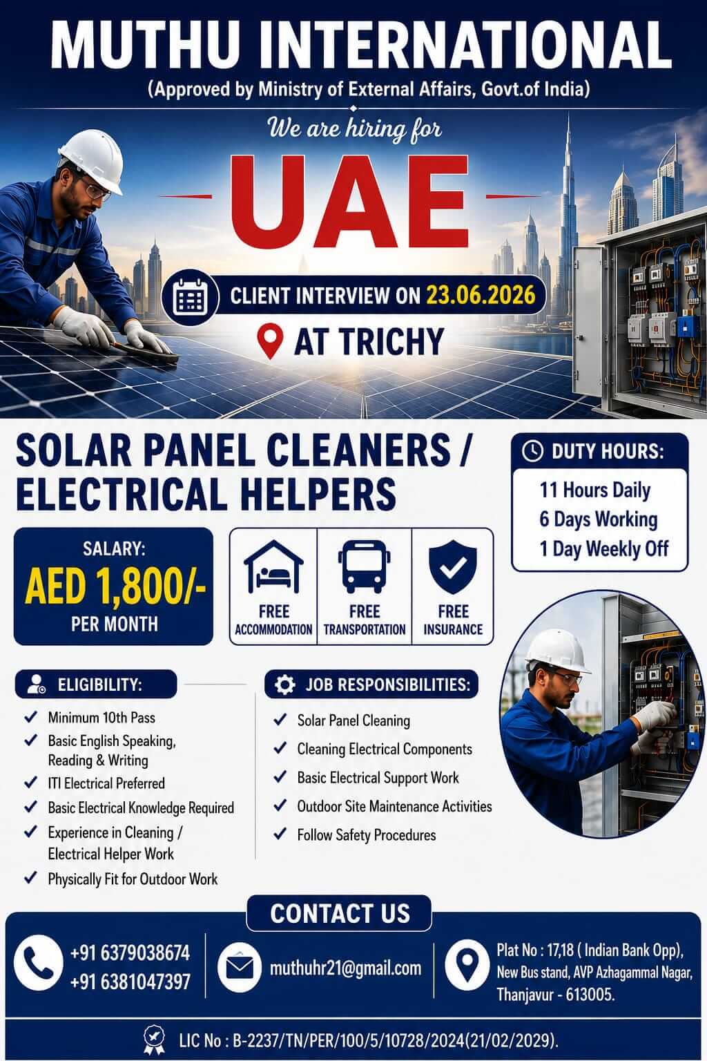 UAE Solar Panel Cleaners / Electrical Helpers Jobs 2026 – Client Interview at Trichy