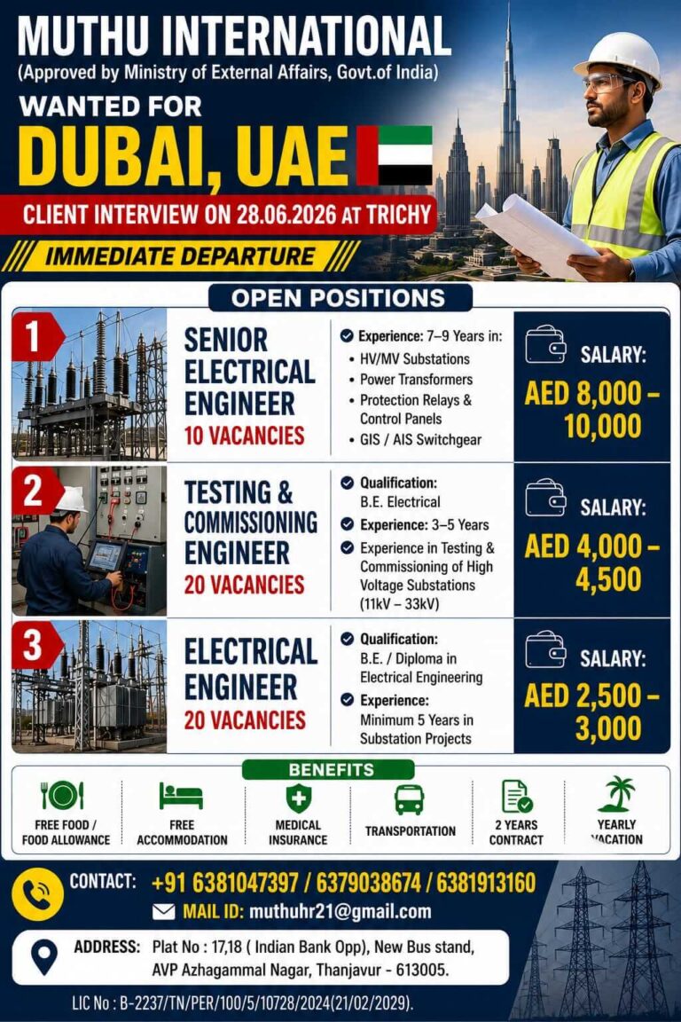 Dubai UAE Electrical Engineering Jobs 2026 – Client Interview on 28 June at Trichy