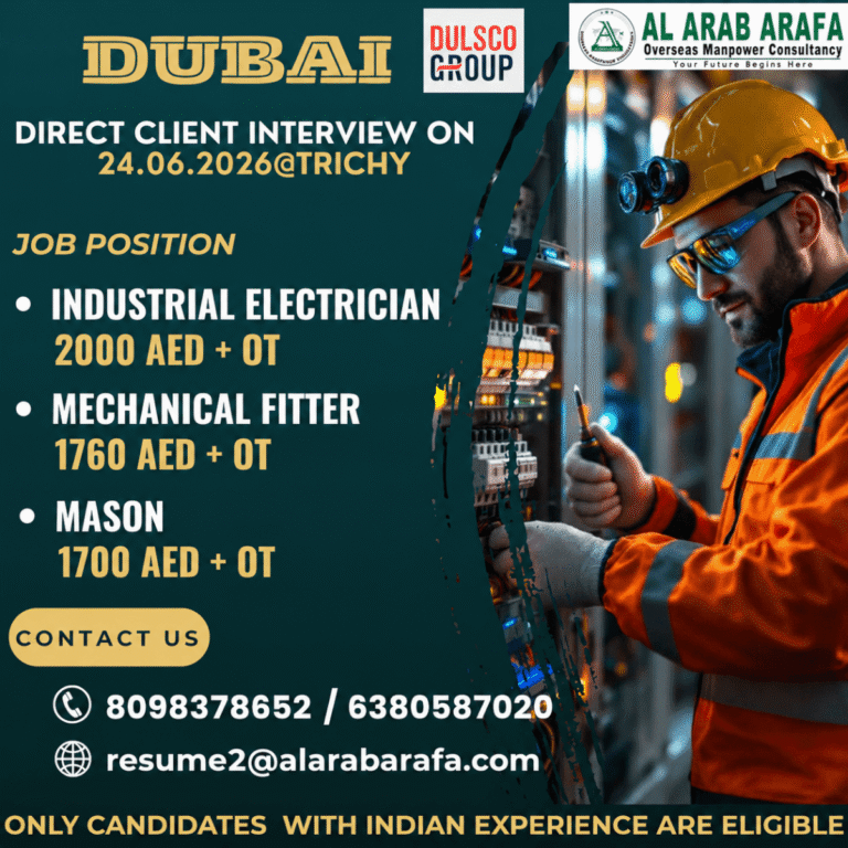 Dubai DULSCO Group Recruitment 2026 – Direct Client Interview at Trichy for Industrial Electrician,