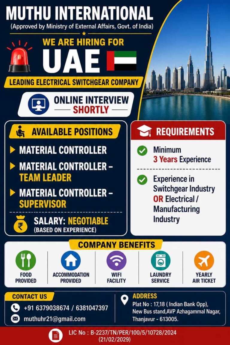 UAE Leading Electrical Switchgear Company Recruitment 2026 – Online Interview for Material Controller Jobs