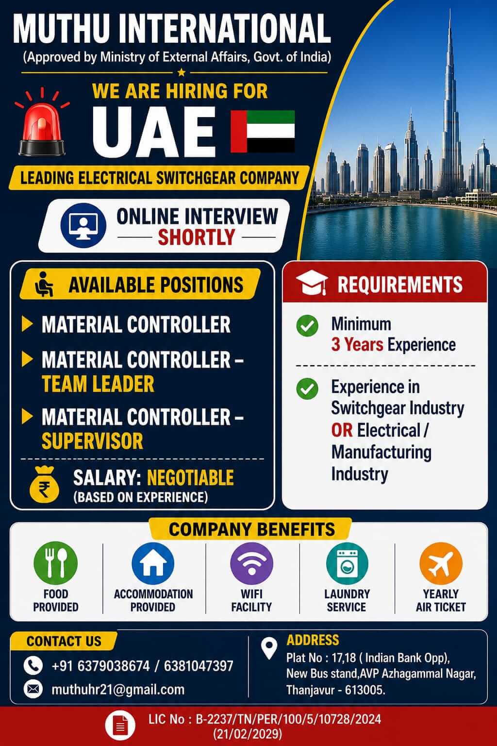 UAE Leading Electrical Switchgear Company Recruitment 2026 – Online Interview for Material Controller Jobs