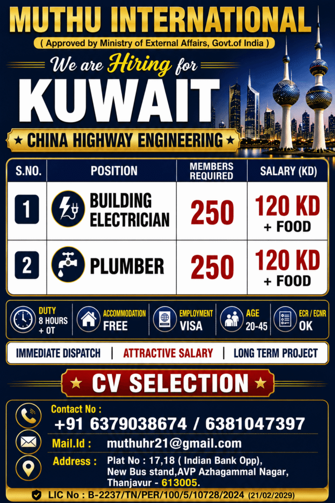 Kuwait Jobs 2026 – Building Electrician & Plumber Vacancies | China Highway Engineering 1 Kuwait Jobs 2026 – Building Electrician & Plumber Vacancies | China Highway Engineering