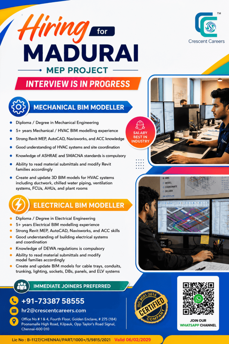 Madurai MEP Project Hiring 2026 – Mechanical & Electrical BIM Modeller Jobs